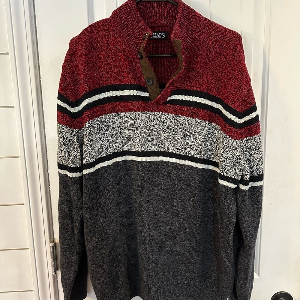 Chaps Ralph Lauren vintage Men's Burgundy and Charcoal Zip-Up Sweater 100%cotton